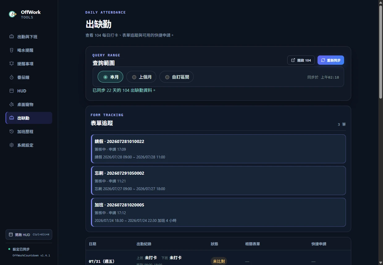 出缺勤查詢範圍、每日紀錄與表單追蹤頁面